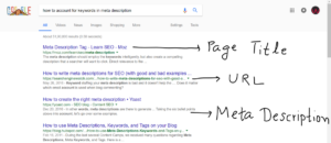 A screenshot illustrating how Google search shows Page Title, URL and Meta Description in SERPs