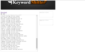 A screenshot of long tail keyword results for content writing services on Keyword Shitter tool
