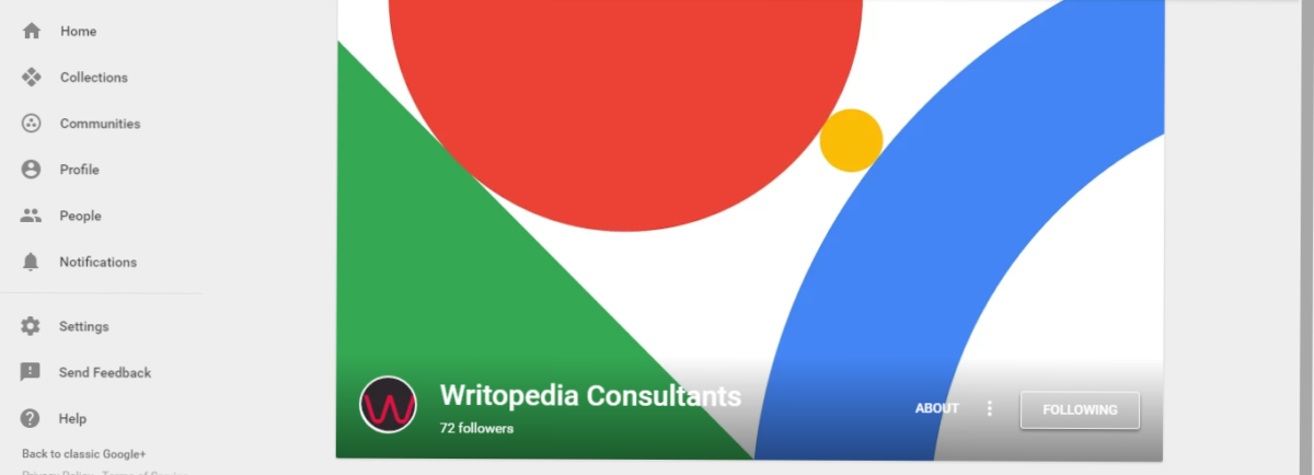 The image shows the Google Plus page of Writopedia