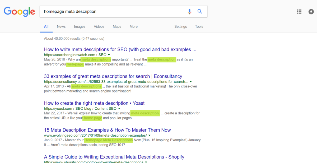 : Importance of meta-descriptions in search engine optimization of your website homepage.